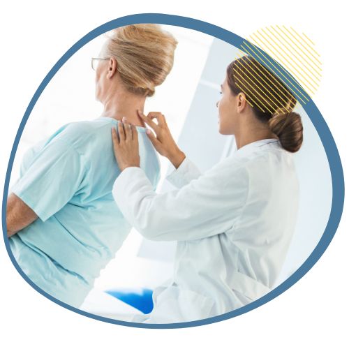 A female doctor conducting a medical examination on an elderly woman's back for Canada immigration.