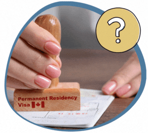 Woman stamping approved Canadian permanent residency visa document.